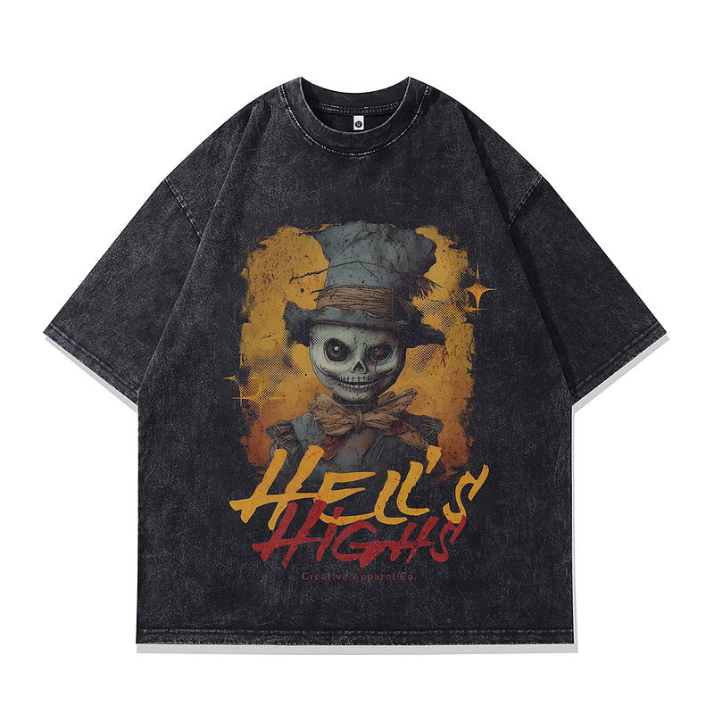 Oversized Short Sleeve T-Shirt Retro Hip Hop Print Men's Street Fashion Loose Washed Vintage Tee