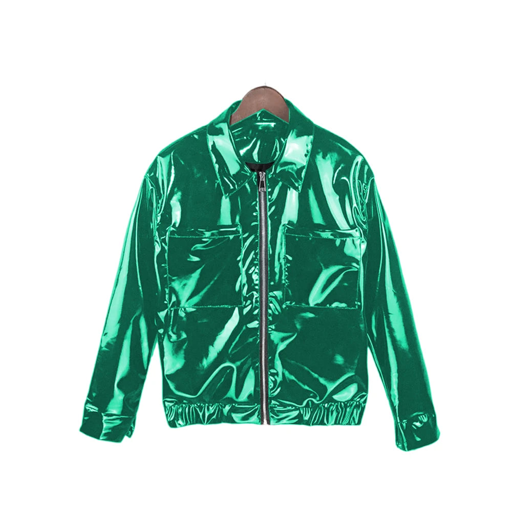 Glossy PVC Leather Jacket for Men, Punk Moto