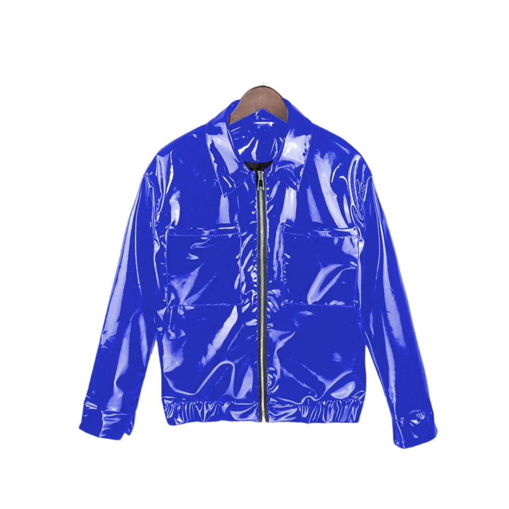 Glossy PVC Leather Jacket for Men, Punk Moto