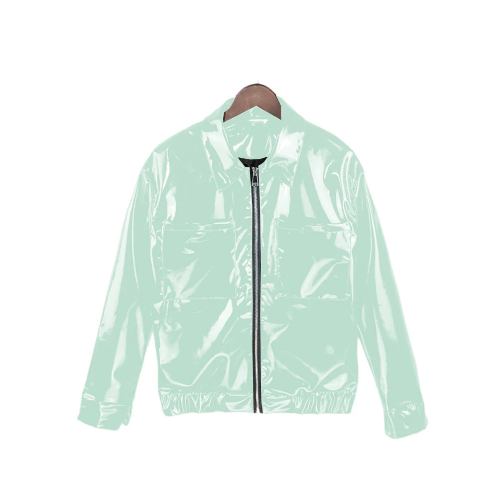 Glossy PVC Leather Jacket for Men, Punk Moto