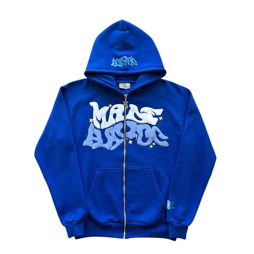 American Retro Star and Letter Printed Zipper Hoodies unisex