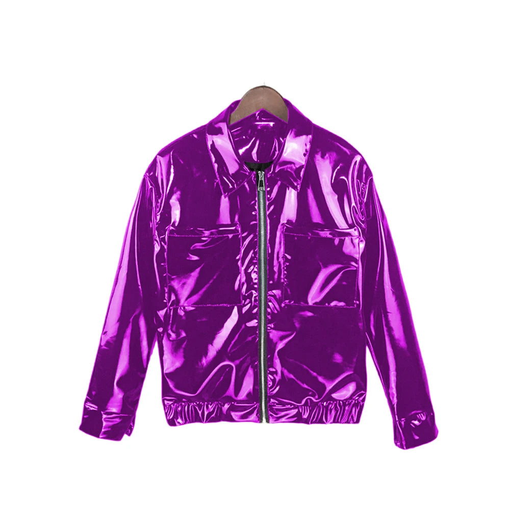 Glossy PVC Leather Jacket for Men, Punk Moto