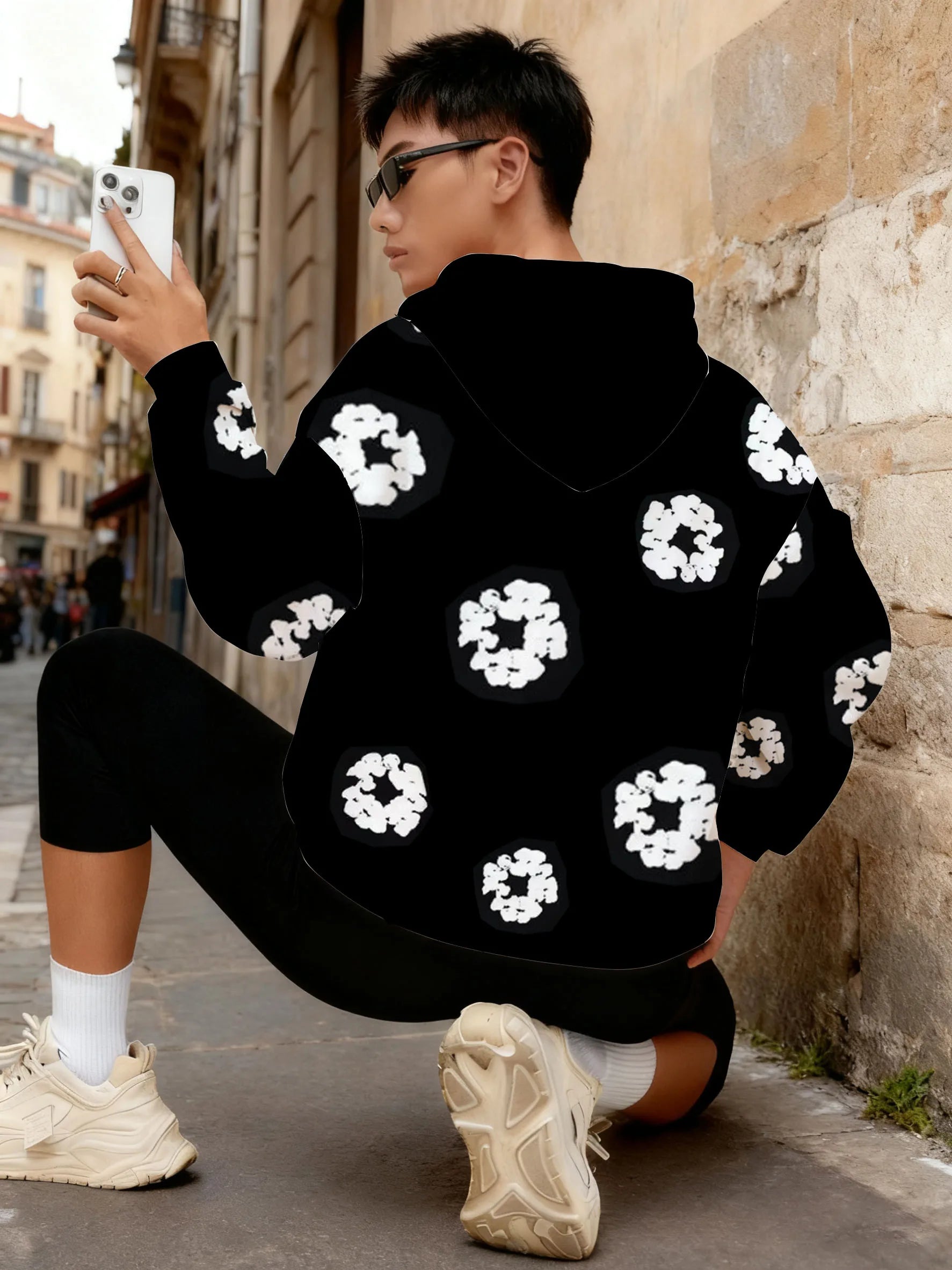 flower-printed hooded