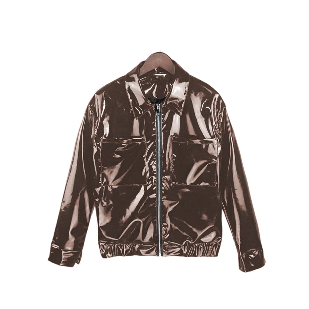 Glossy PVC Leather Jacket for Men, Punk Moto