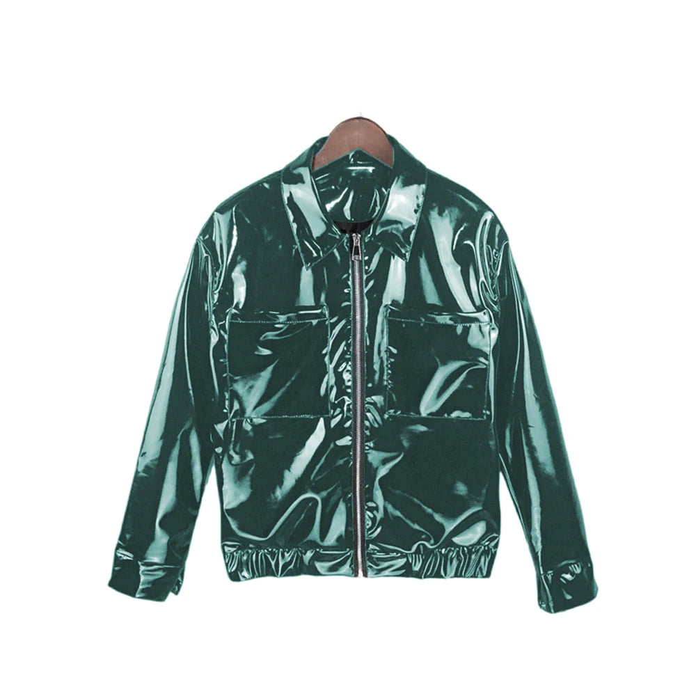 Glossy PVC Leather Jacket for Men, Punk Moto