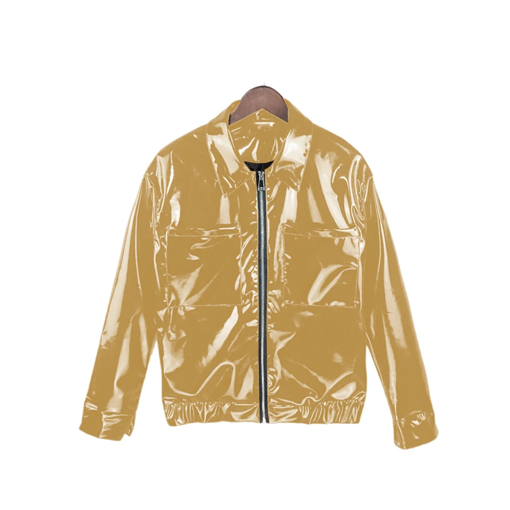 Glossy PVC Leather Jacket for Men, Punk Moto