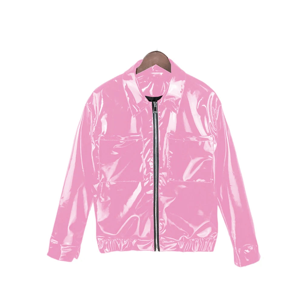 Glossy PVC Leather Jacket for Men, Punk Moto