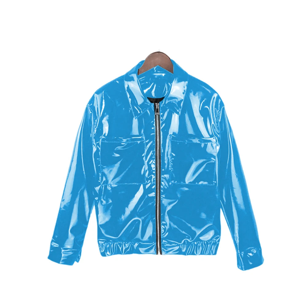 Glossy PVC Leather Jacket for Men, Punk Moto
