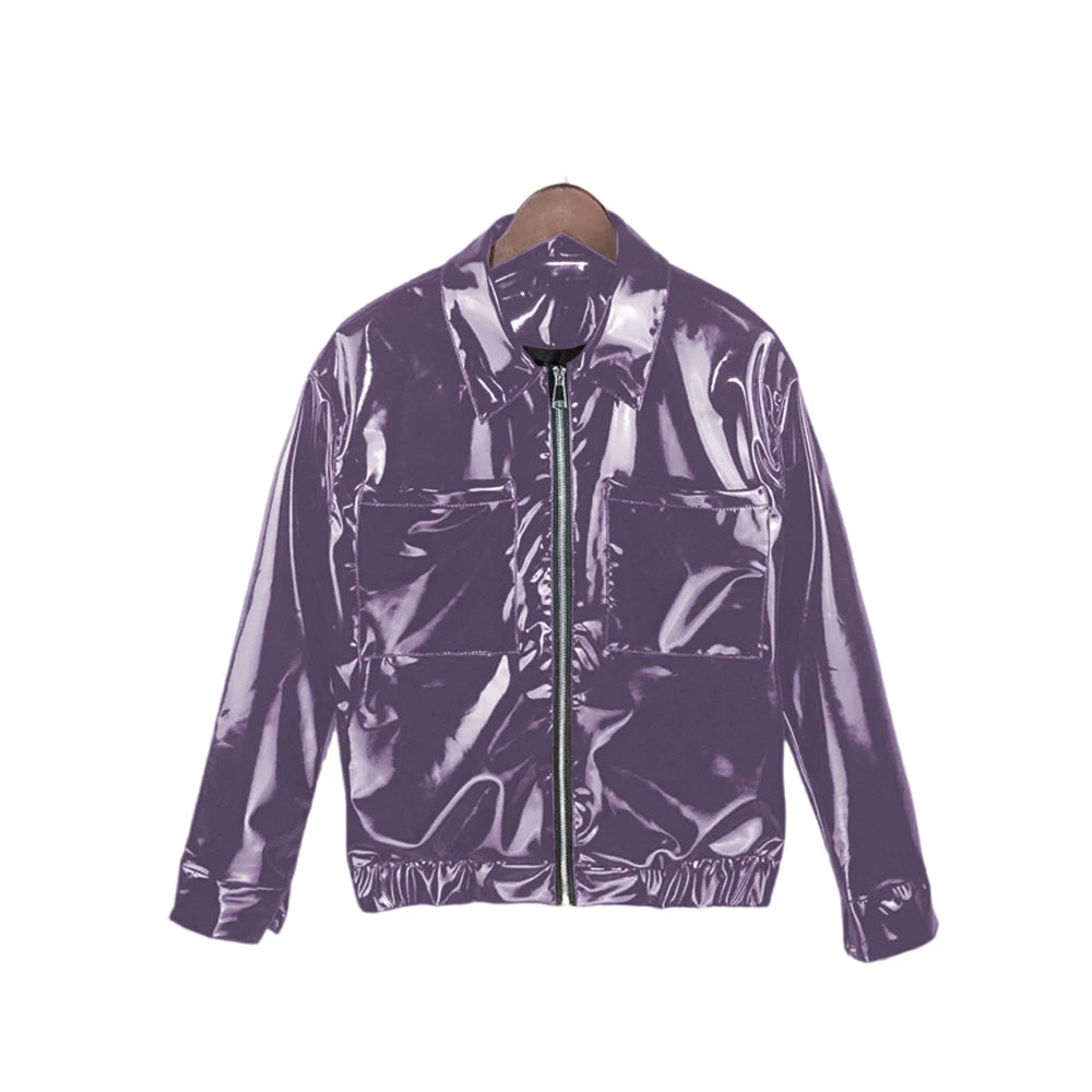 Glossy PVC Leather Jacket for Men, Punk Moto