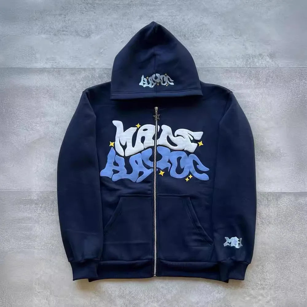 American Retro Star and Letter Printed Zipper Hoodies unisex