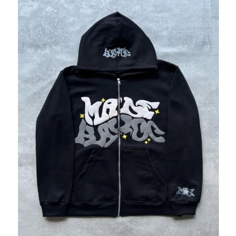 American Retro Star and Letter Printed Zipper Hoodies unisex
