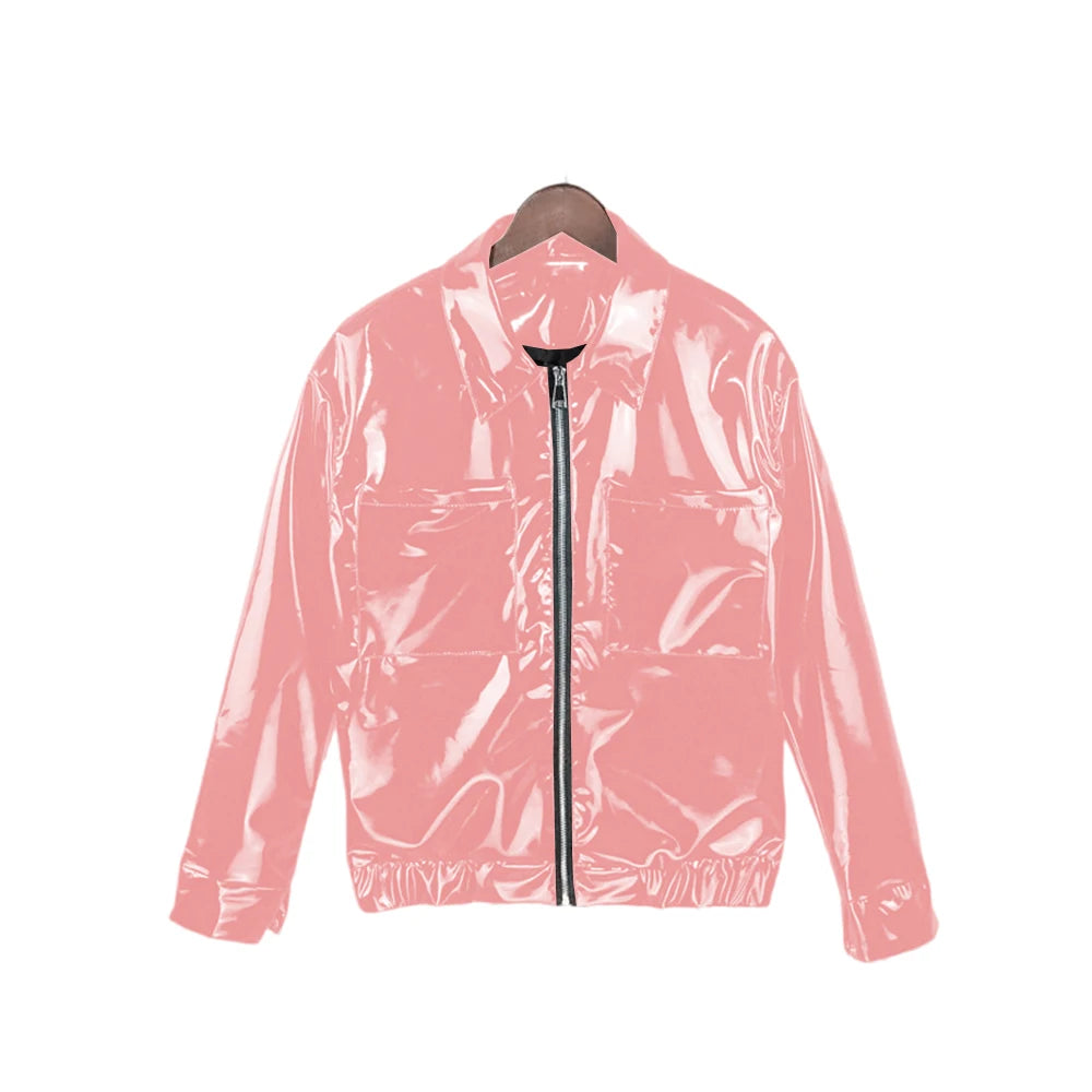 Glossy PVC Leather Jacket for Men, Punk Moto