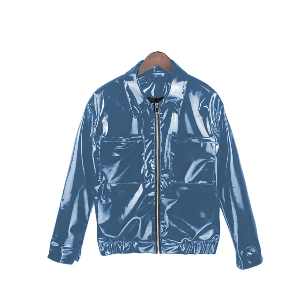 Glossy PVC Leather Jacket for Men, Punk Moto