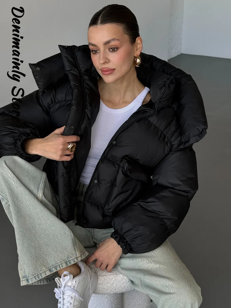 Casual Solid Hooded Puffer Jacket Women Stand Collar