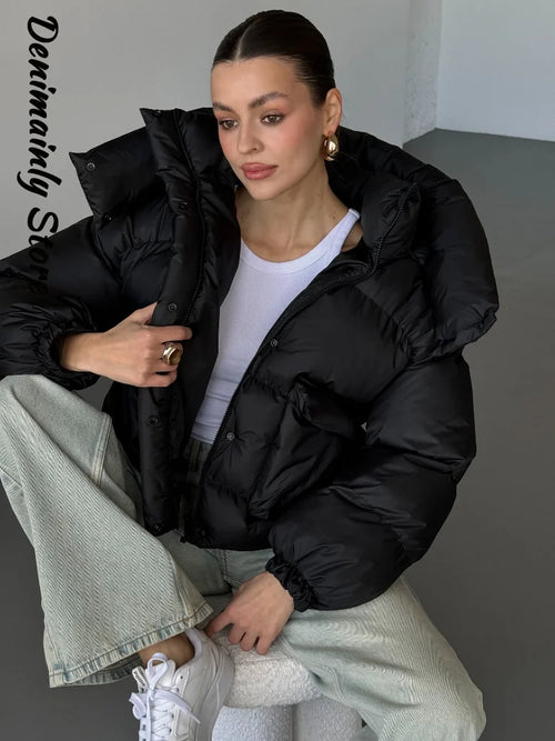 Casual Solid Hooded Puffer Jacket Women Stand Collar