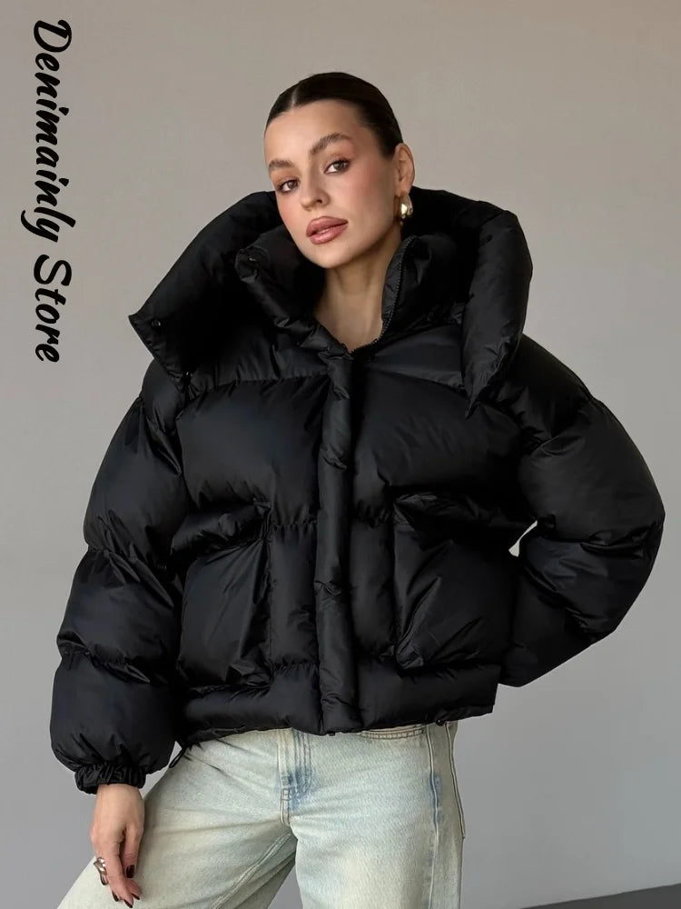 Casual Solid Hooded Puffer Jacket Women Stand Collar