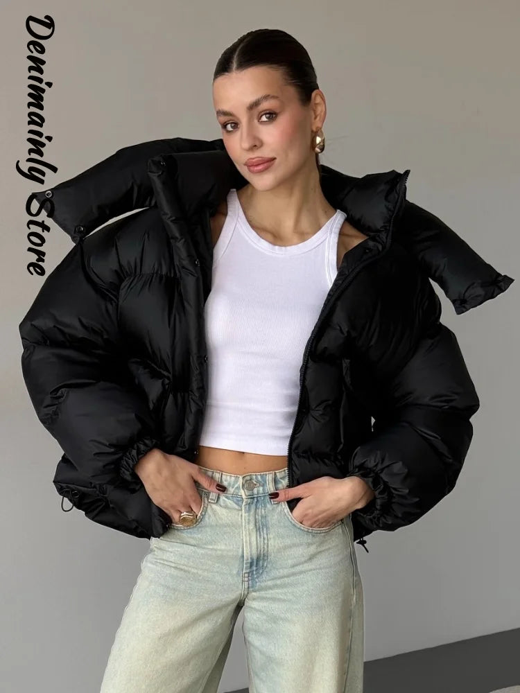 Casual Solid Hooded Puffer Jacket Women Stand Collar