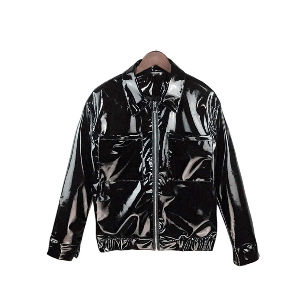 Glossy PVC Leather Jacket for Men, Punk Moto