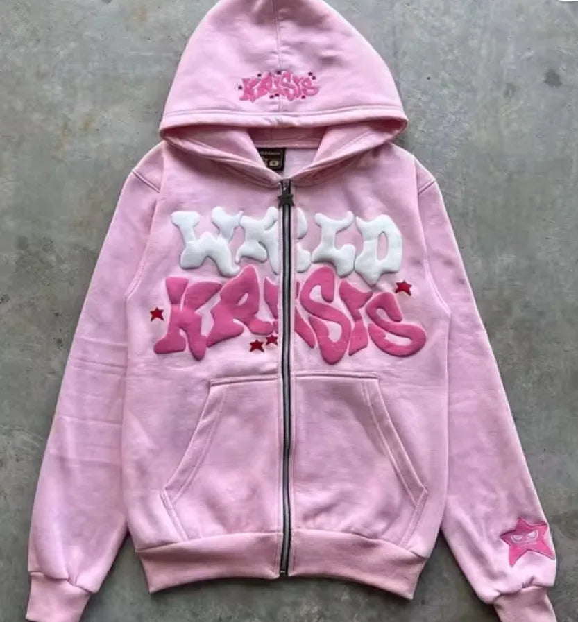 American Retro Star and Letter Printed Zipper Hoodies unisex