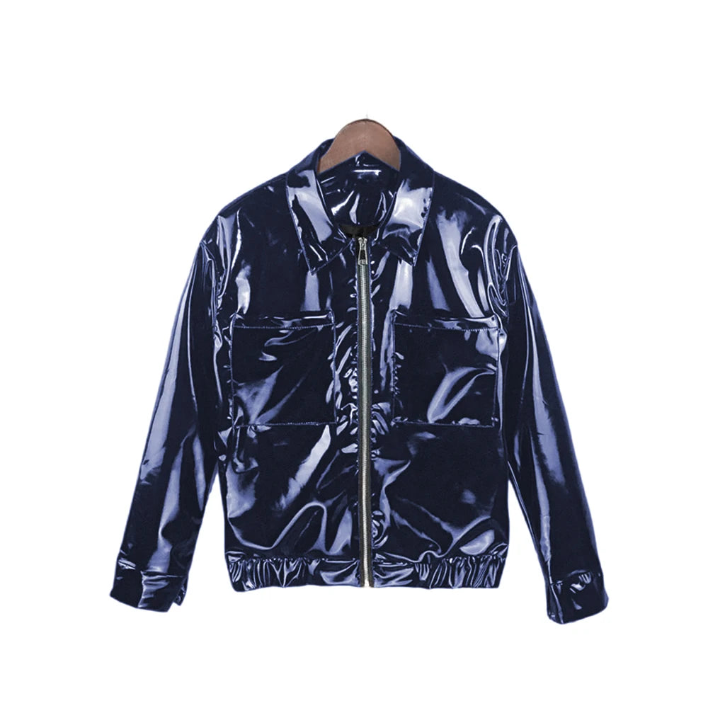 Glossy PVC Leather Jacket for Men, Punk Moto