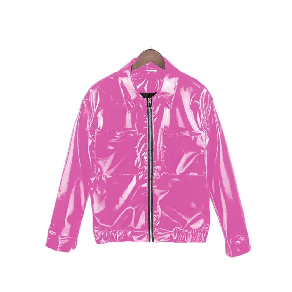 Glossy PVC Leather Jacket for Men, Punk Moto