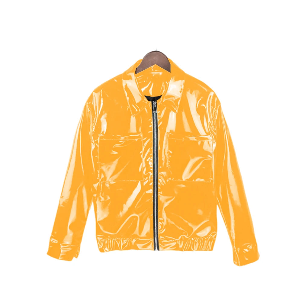 Glossy PVC Leather Jacket for Men, Punk Moto