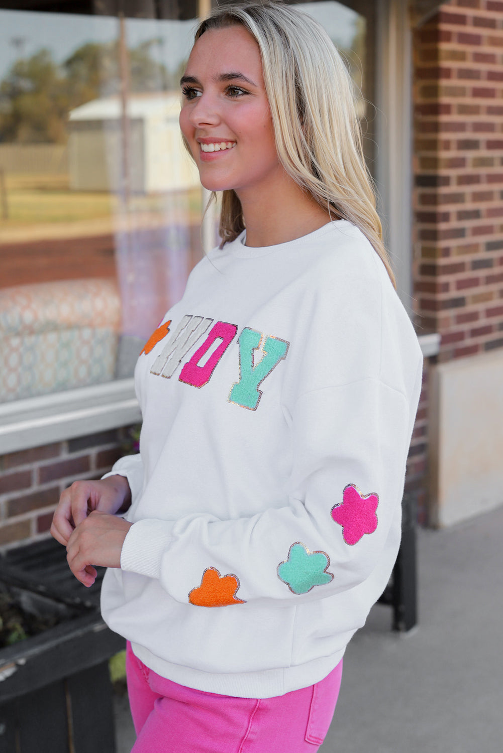 Black Howdy Glitter Chenille Patch Graphic Casual Sweatshirt