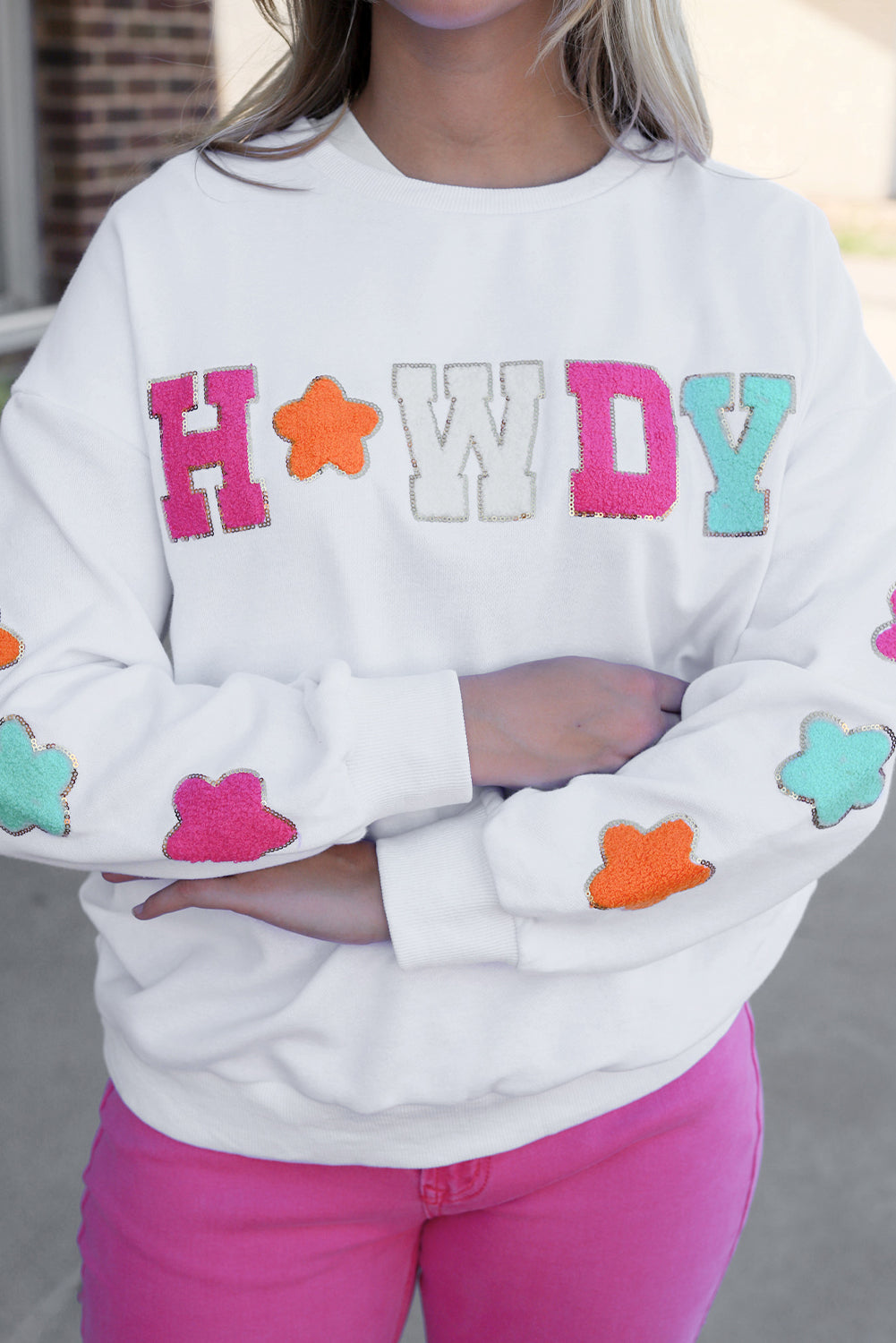 Black Howdy Glitter Chenille Patch Graphic Casual Sweatshirt