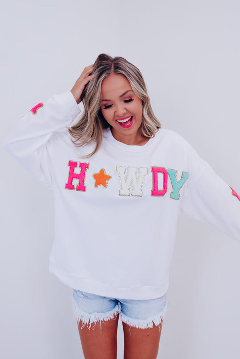 Black Howdy Glitter Chenille Patch Graphic Casual Sweatshirt